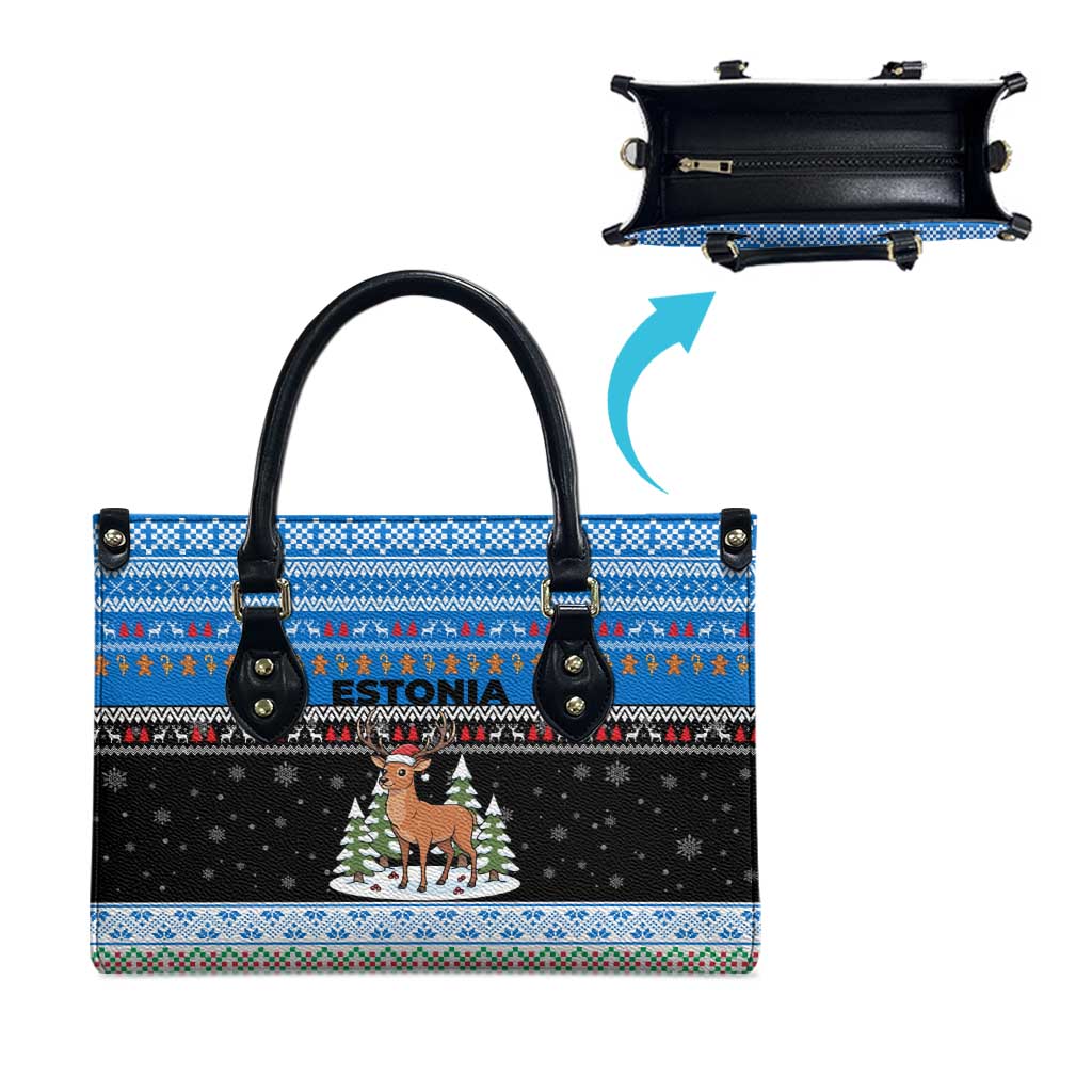 Estonia Christmas Leather Bag with Reindeer Gingerbread Snowflakes National Emblem and Winter Forest - Wonder Print Shop