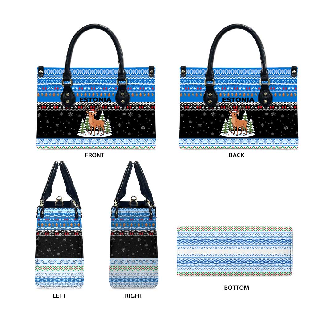 Estonia Christmas Leather Bag with Reindeer Gingerbread Snowflakes National Emblem and Winter Forest - Wonder Print Shop