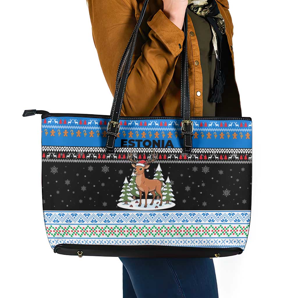 Estonia Christmas Leather Tote Bag with Reindeer Gingerbread Snowflakes National Emblem and Winter Forest - Wonder Print Shop