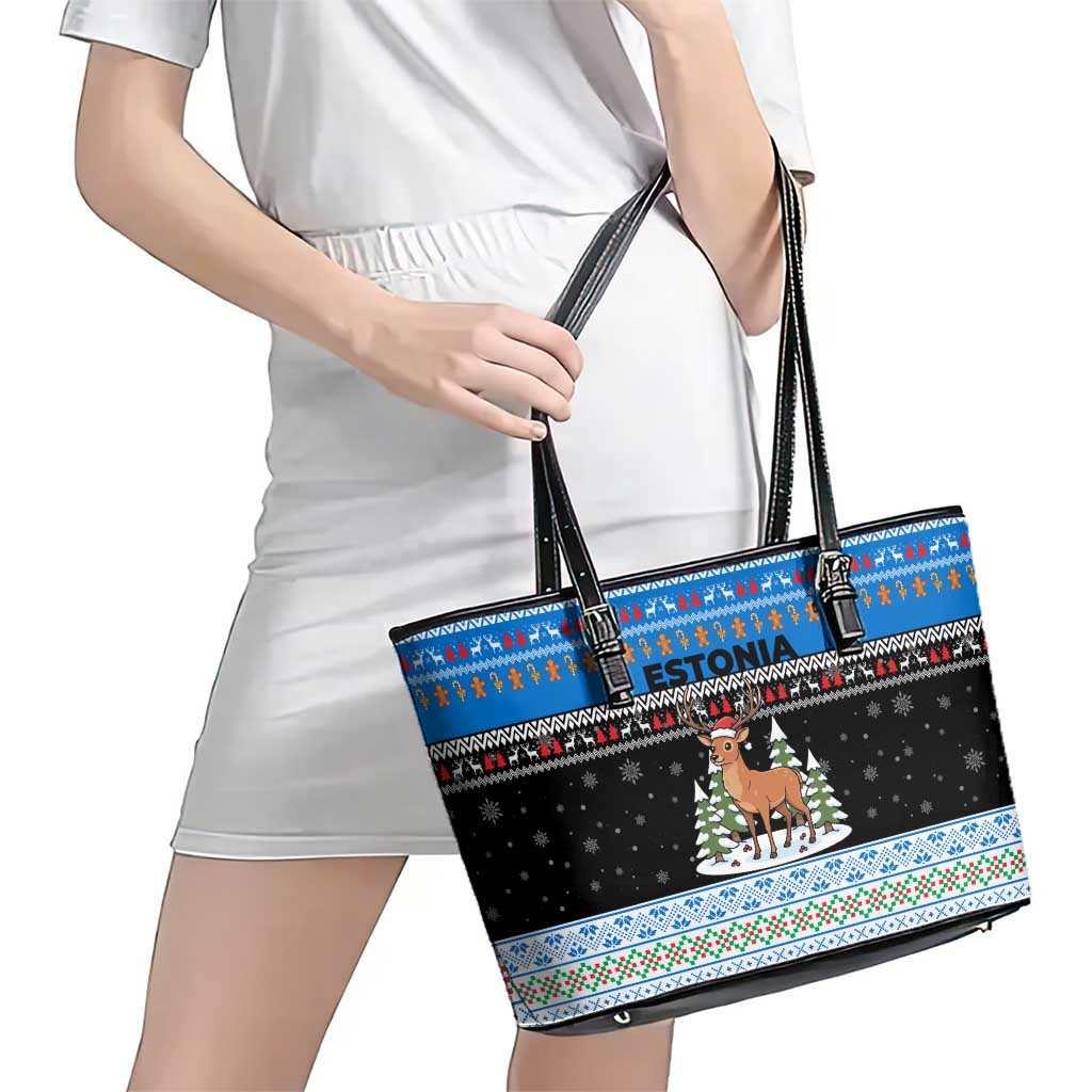 Estonia Christmas Leather Tote Bag with Reindeer Gingerbread Snowflakes National Emblem and Winter Forest - Wonder Print Shop