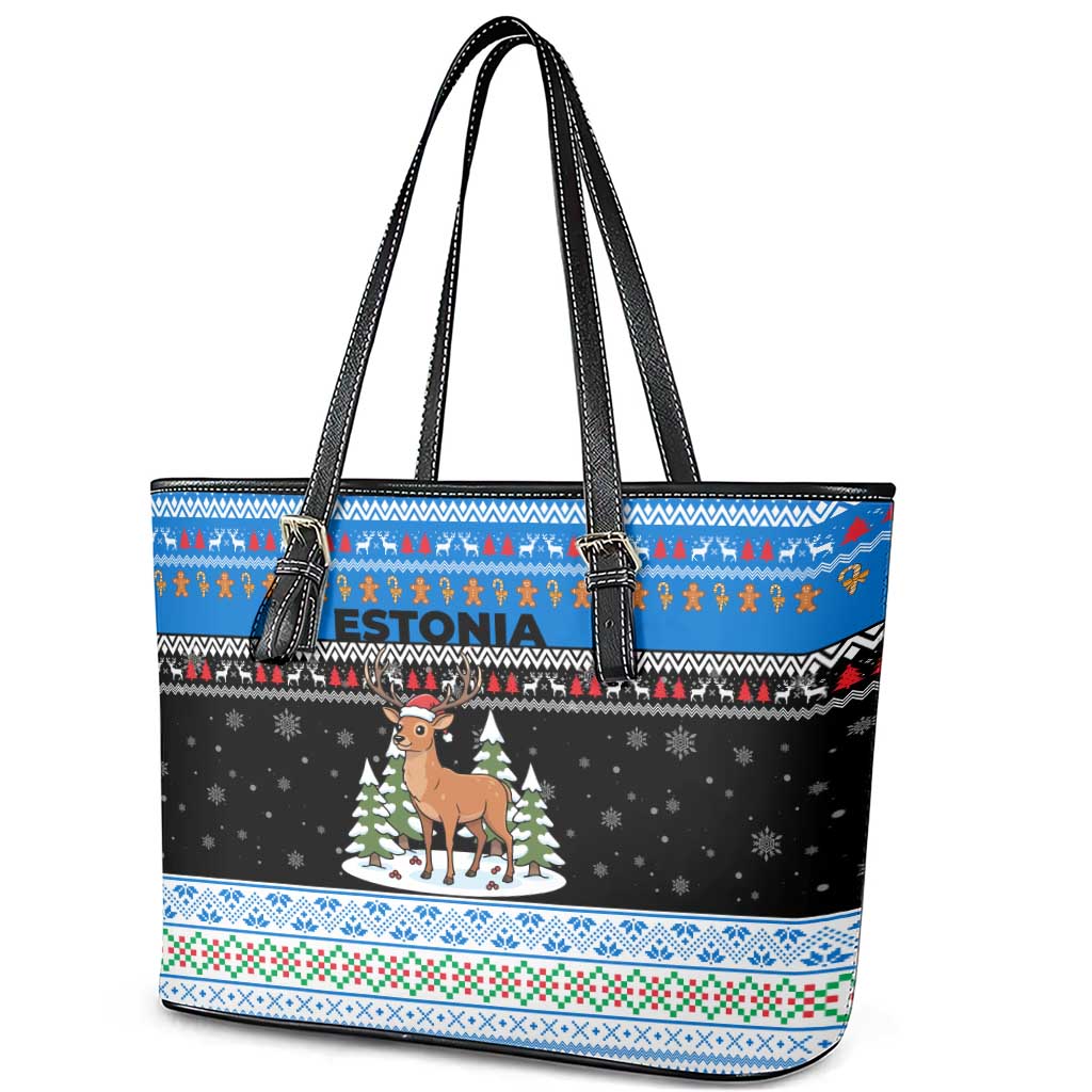 Estonia Christmas Leather Tote Bag with Reindeer Gingerbread Snowflakes National Emblem and Winter Forest - Wonder Print Shop