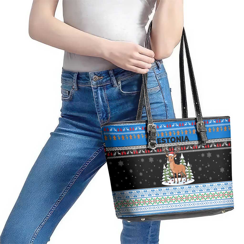 Estonia Christmas Leather Tote Bag with Reindeer Gingerbread Snowflakes National Emblem and Winter Forest - Wonder Print Shop