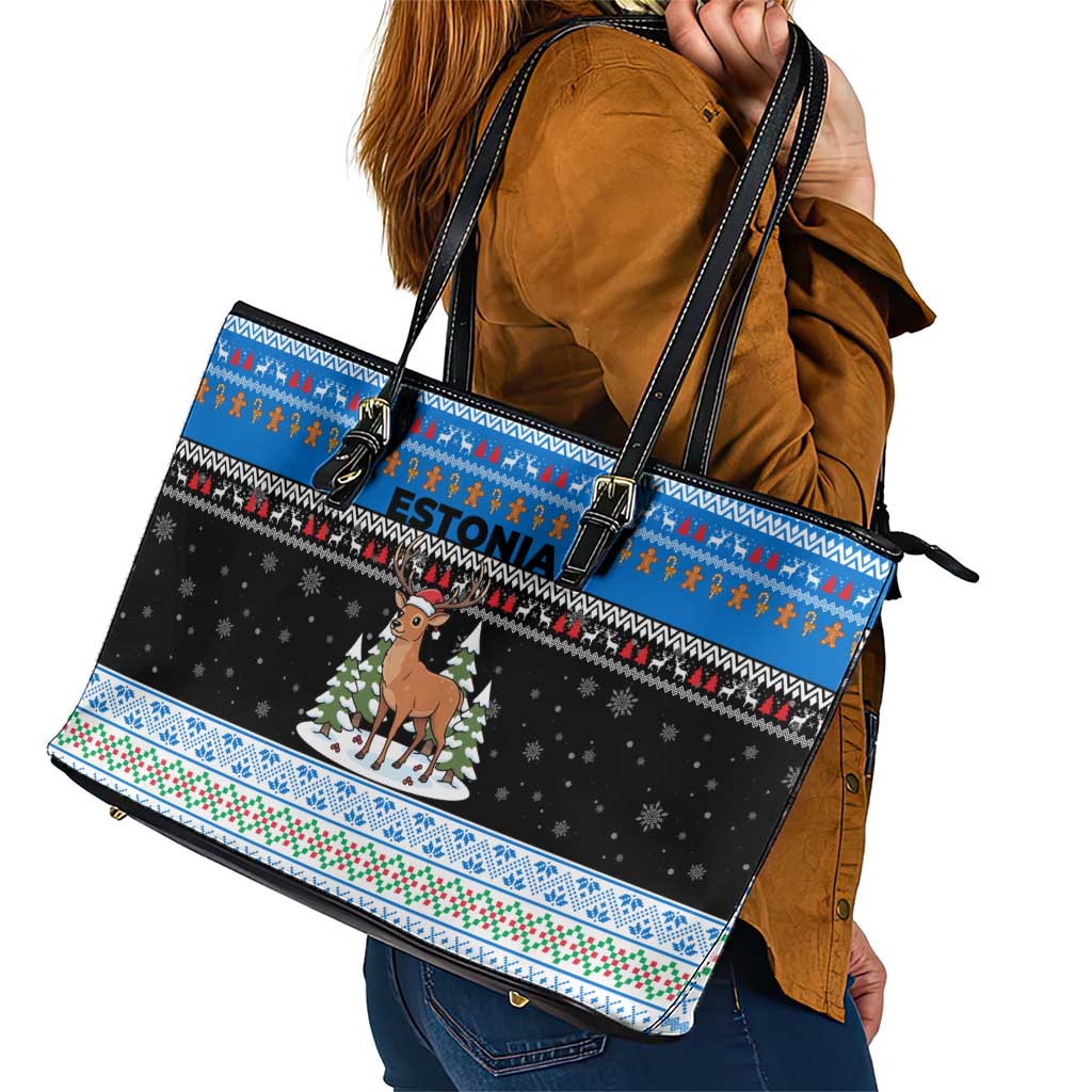 Estonia Christmas Leather Tote Bag with Reindeer Gingerbread Snowflakes National Emblem and Winter Forest - Wonder Print Shop