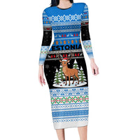 Estonia Christmas Long Sleeve Bodycon Dress with Reindeer Gingerbread Snowflakes National Emblem and Winter Forest - Wonder Print Shop
