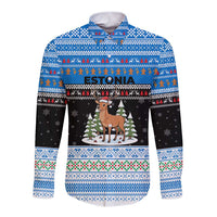 Estonia Christmas Long Sleeve Button Shirt with Reindeer Gingerbread Snowflakes National Emblem and Winter Forest - Wonder Print Shop