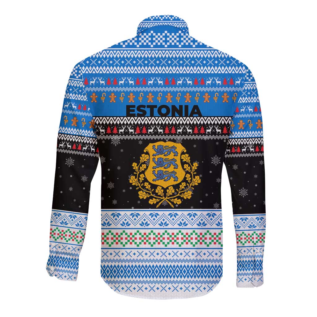 Estonia Christmas Long Sleeve Button Shirt with Reindeer Gingerbread Snowflakes National Emblem and Winter Forest - Wonder Print Shop