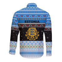 Estonia Christmas Long Sleeve Button Shirt with Reindeer Gingerbread Snowflakes National Emblem and Winter Forest - Wonder Print Shop
