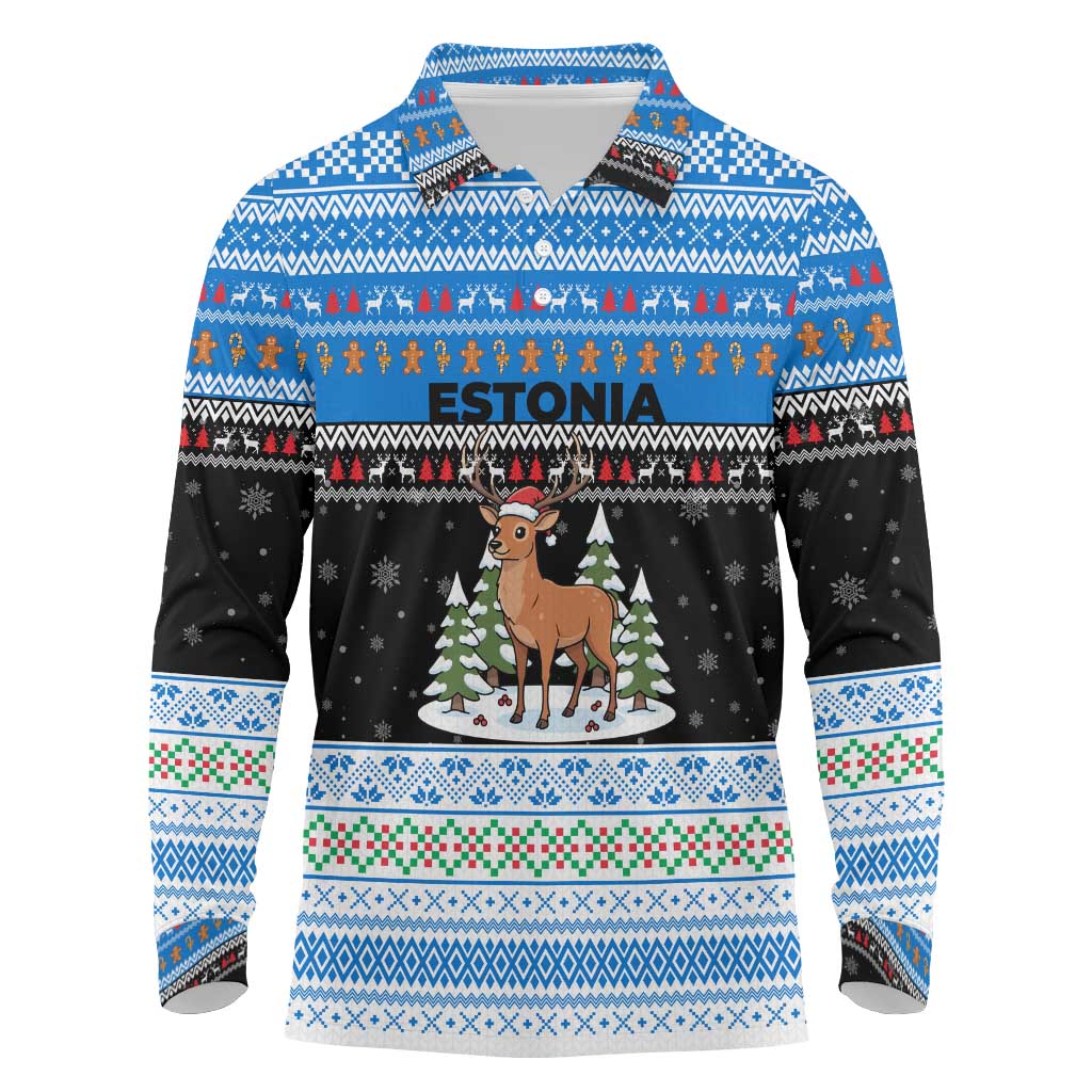 Estonia Christmas Long Sleeve Polo Shirt with Reindeer Gingerbread Snowflakes National Emblem and Winter Forest - Wonder Print Shop