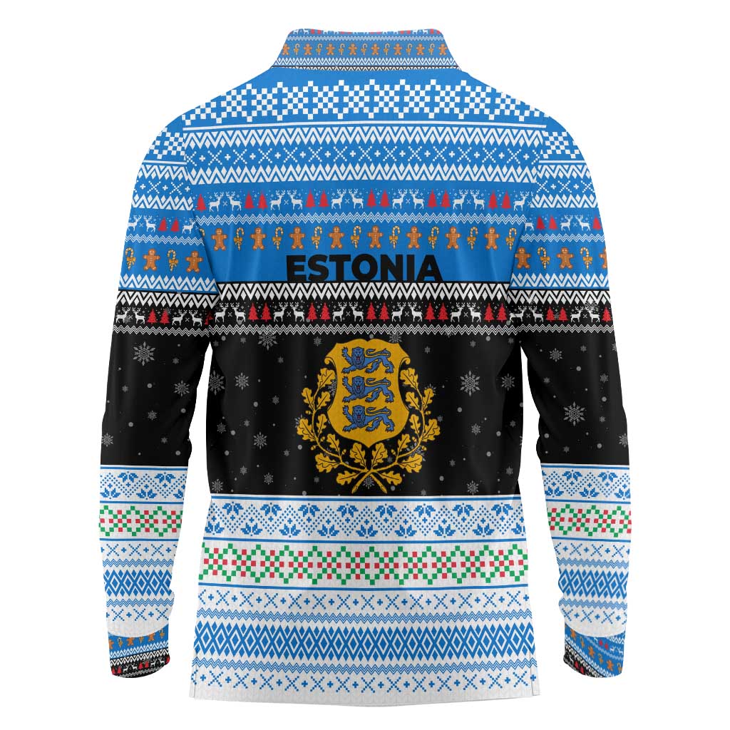 Estonia Christmas Long Sleeve Polo Shirt with Reindeer Gingerbread Snowflakes National Emblem and Winter Forest - Wonder Print Shop