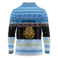 Estonia Christmas Long Sleeve Polo Shirt with Reindeer Gingerbread Snowflakes National Emblem and Winter Forest - Wonder Print Shop