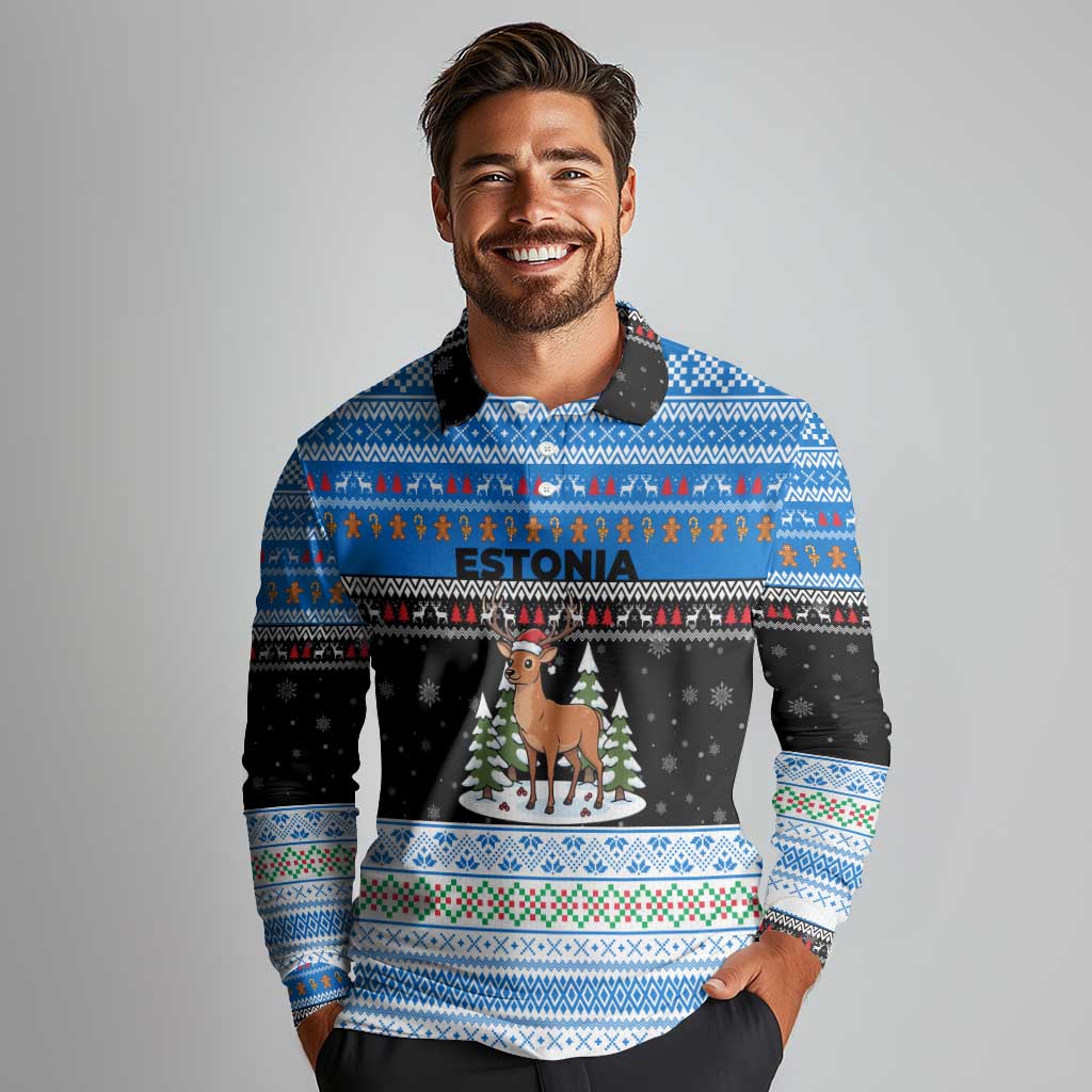 Estonia Christmas Long Sleeve Polo Shirt with Reindeer Gingerbread Snowflakes National Emblem and Winter Forest - Wonder Print Shop