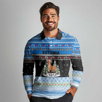 Estonia Christmas Long Sleeve Polo Shirt with Reindeer Gingerbread Snowflakes National Emblem and Winter Forest - Wonder Print Shop