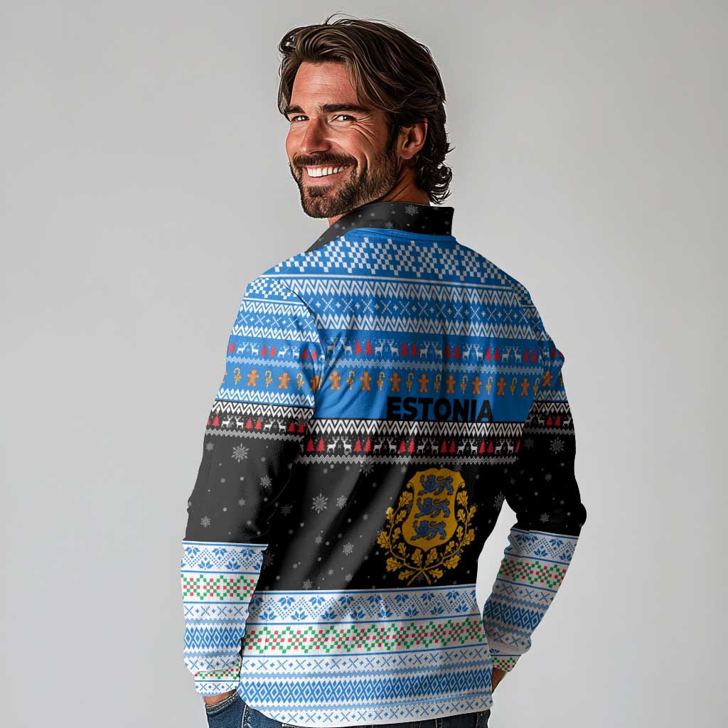Estonia Christmas Long Sleeve Polo Shirt with Reindeer Gingerbread Snowflakes National Emblem and Winter Forest - Wonder Print Shop