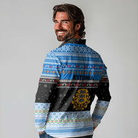 Estonia Christmas Long Sleeve Polo Shirt with Reindeer Gingerbread Snowflakes National Emblem and Winter Forest - Wonder Print Shop