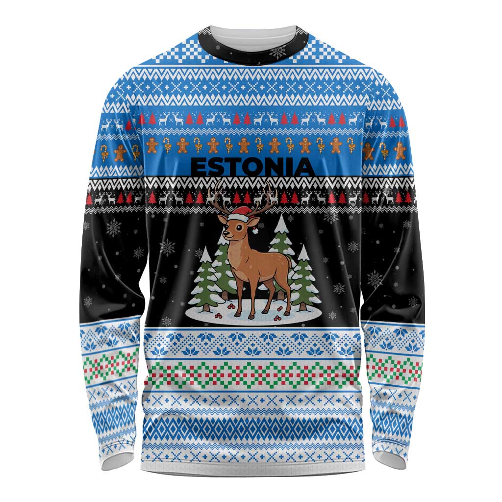 Estonia Christmas Long Sleeve Shirt with Reindeer Gingerbread Snowflakes National Emblem and Winter Forest - Wonder Print Shop