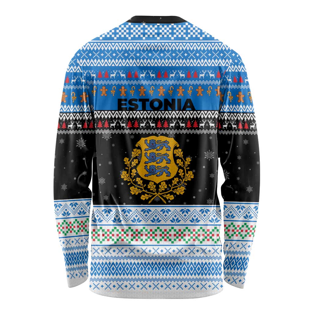 Estonia Christmas Long Sleeve Shirt with Reindeer Gingerbread Snowflakes National Emblem and Winter Forest - Wonder Print Shop