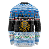 Estonia Christmas Long Sleeve Shirt with Reindeer Gingerbread Snowflakes National Emblem and Winter Forest - Wonder Print Shop