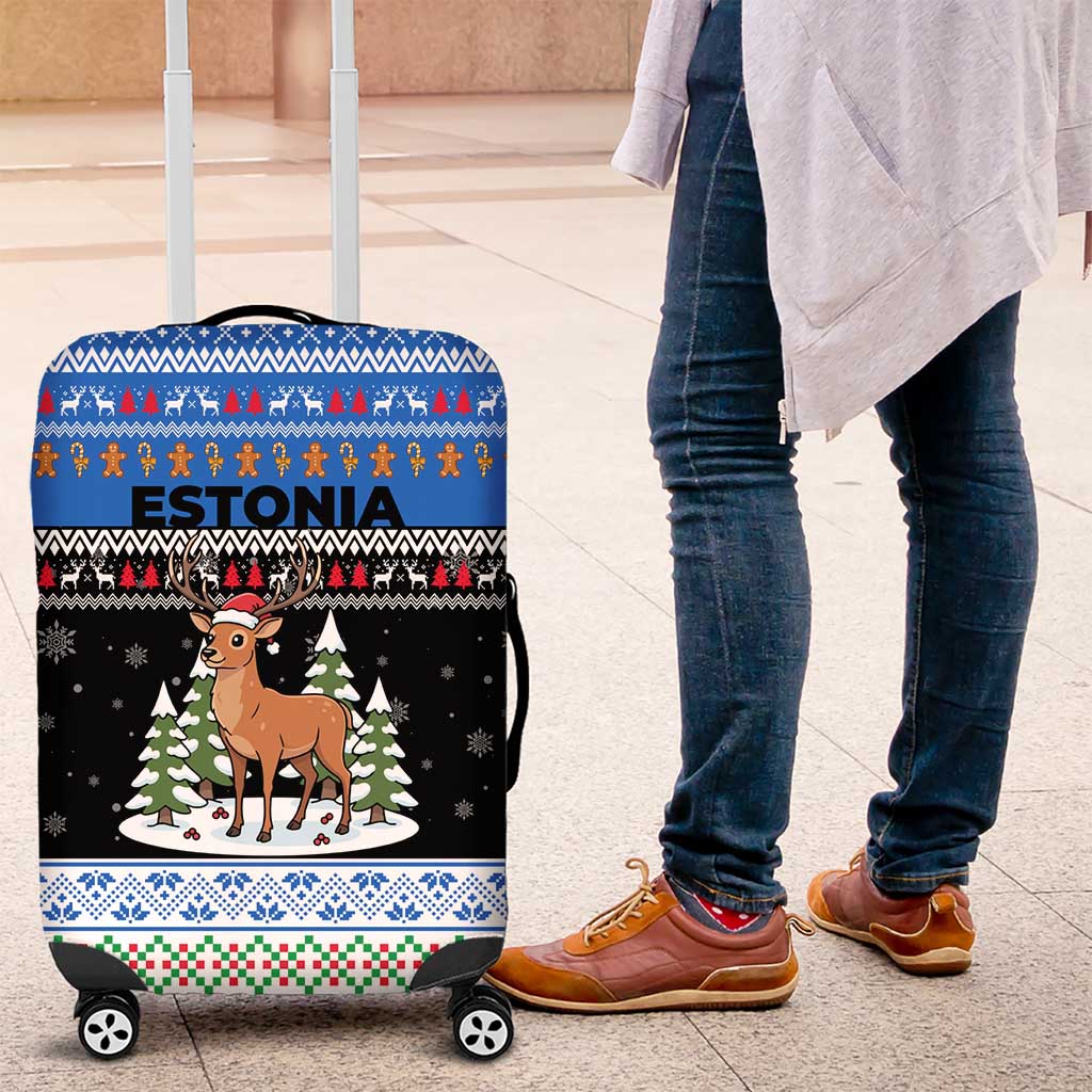 Estonia Christmas Luggage Cover with Reindeer Gingerbread Snowflakes National Emblem and Winter Forest - Wonder Print Shop
