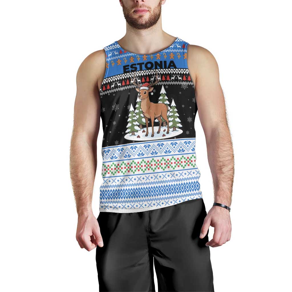 Estonia Christmas Men Tank Top with Reindeer Gingerbread Snowflakes National Emblem and Winter Forest - Wonder Print Shop