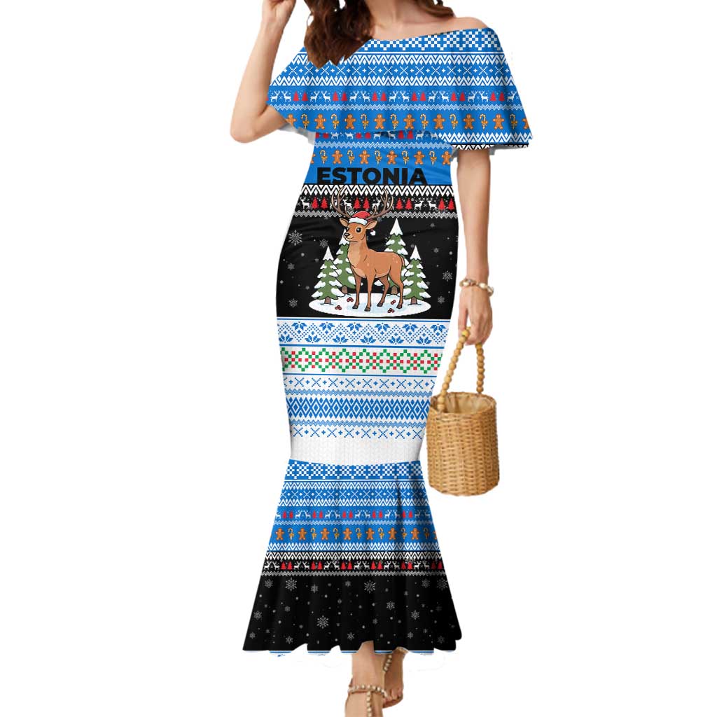 Estonia Christmas Mermaid Dress with Reindeer Gingerbread Snowflakes National Emblem and Winter Forest - Wonder Print Shop