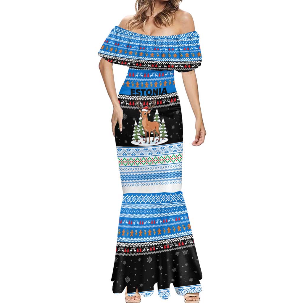 Estonia Christmas Mermaid Dress with Reindeer Gingerbread Snowflakes National Emblem and Winter Forest - Wonder Print Shop