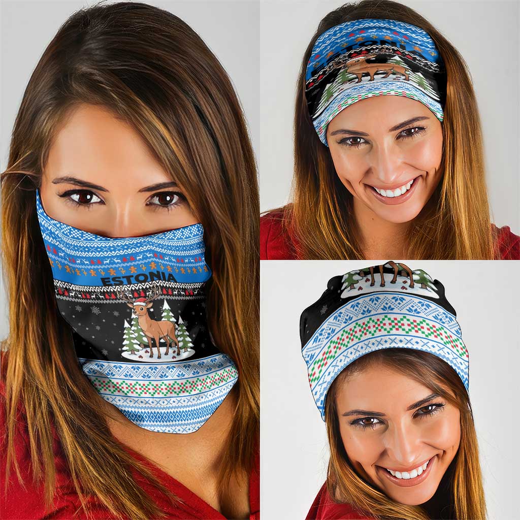 Estonia Christmas Neck Gaiter with Reindeer Gingerbread Snowflakes National Emblem and Winter Forest - Wonder Print Shop