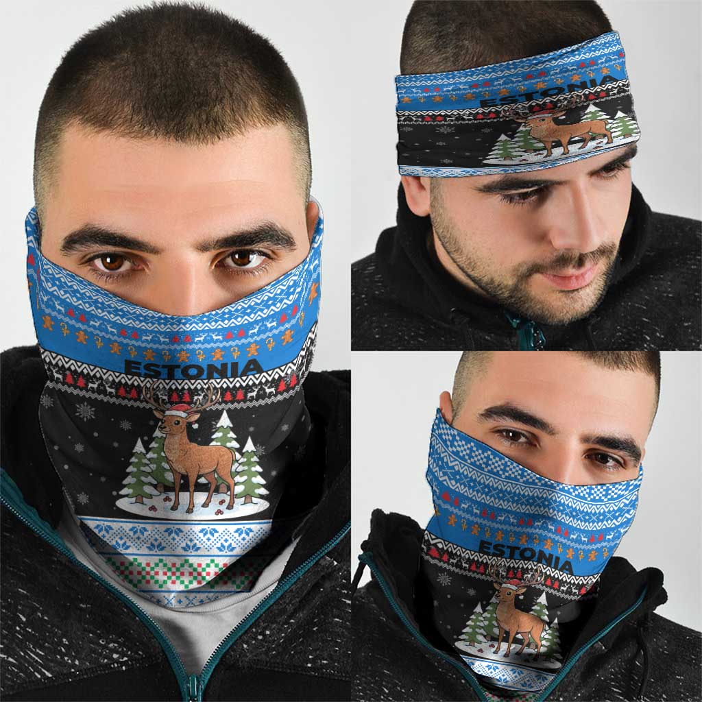 Estonia Christmas Neck Gaiter with Reindeer Gingerbread Snowflakes National Emblem and Winter Forest - Wonder Print Shop