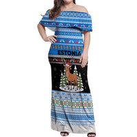 Estonia Christmas Off Shoulder Maxi Dress with Reindeer Gingerbread Snowflakes National Emblem and Winter Forest - Wonder Print Shop