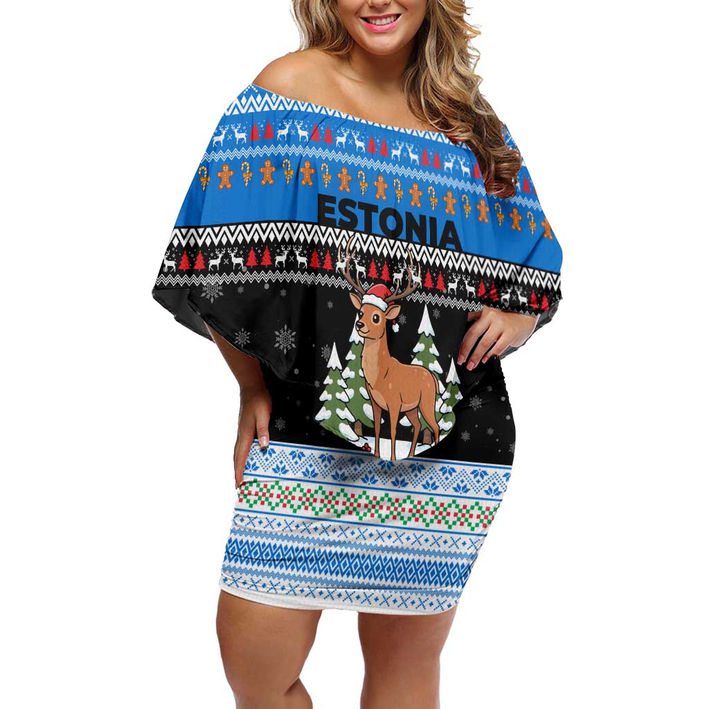 Estonia Christmas Off Shoulder Short Dress with Reindeer Gingerbread Snowflakes National Emblem and Winter Forest - Wonder Print Shop