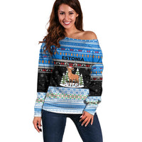 Estonia Christmas Off Shoulder Sweater with Reindeer Gingerbread Snowflakes National Emblem and Winter Forest - Wonder Print Shop