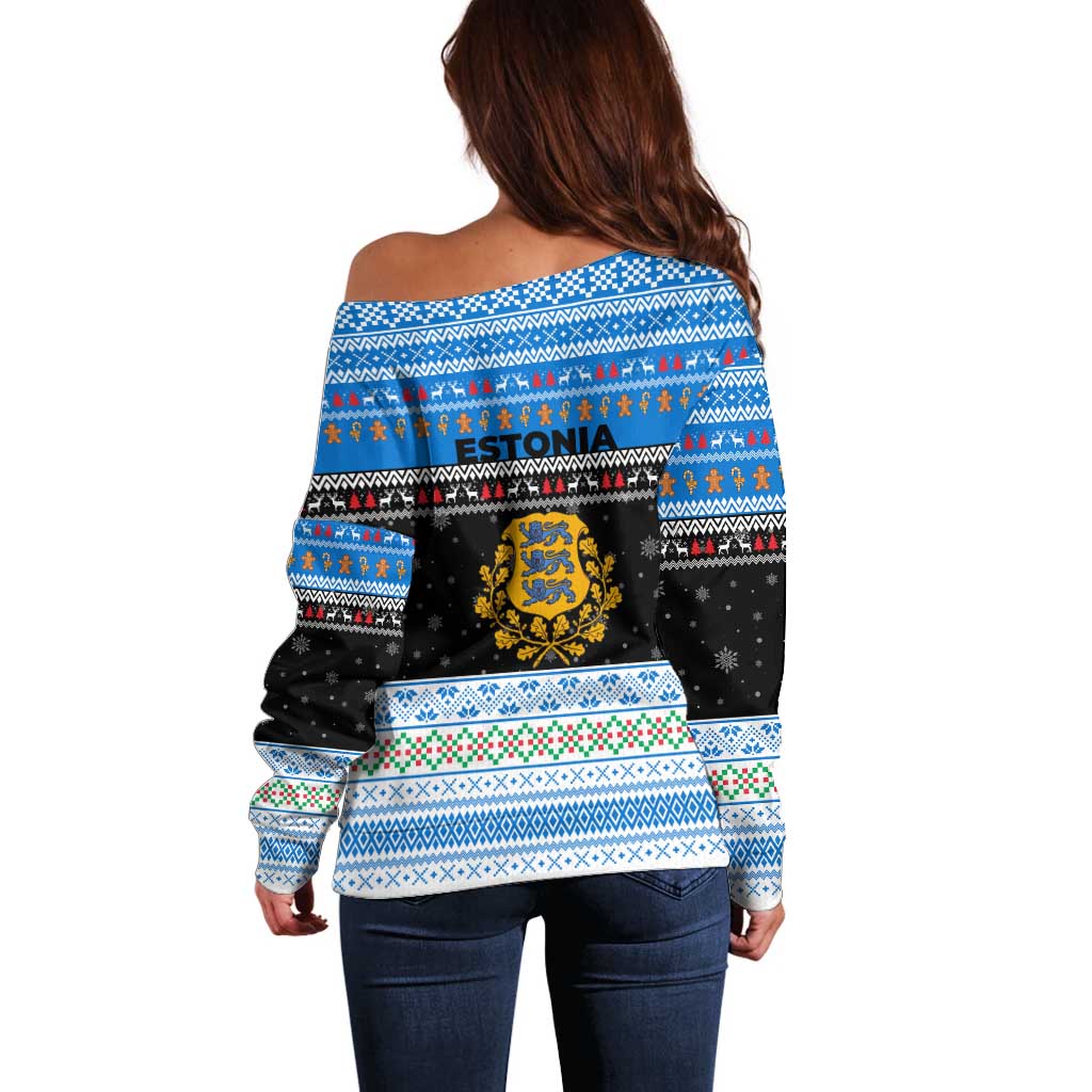 Estonia Christmas Off Shoulder Sweater with Reindeer Gingerbread Snowflakes National Emblem and Winter Forest - Wonder Print Shop
