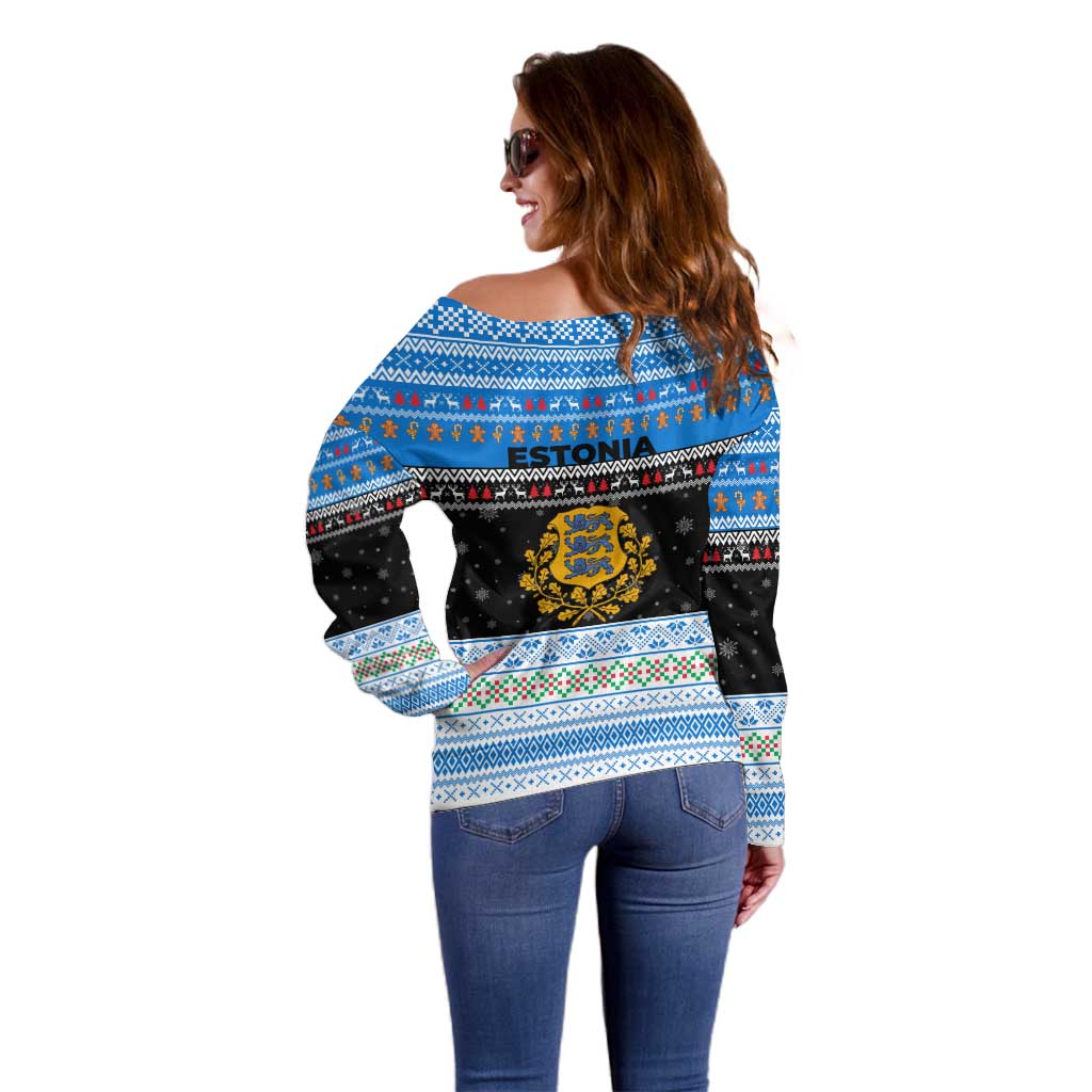 Estonia Christmas Off Shoulder Sweater with Reindeer Gingerbread Snowflakes National Emblem and Winter Forest - Wonder Print Shop