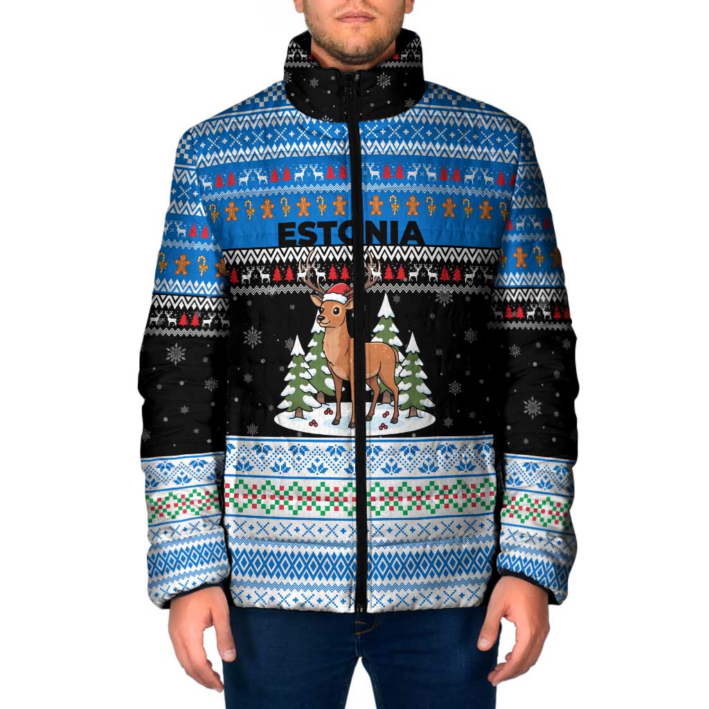 Estonia Christmas Padded Jacket with Reindeer Gingerbread Snowflakes National Emblem and Winter Forest - Wonder Print Shop