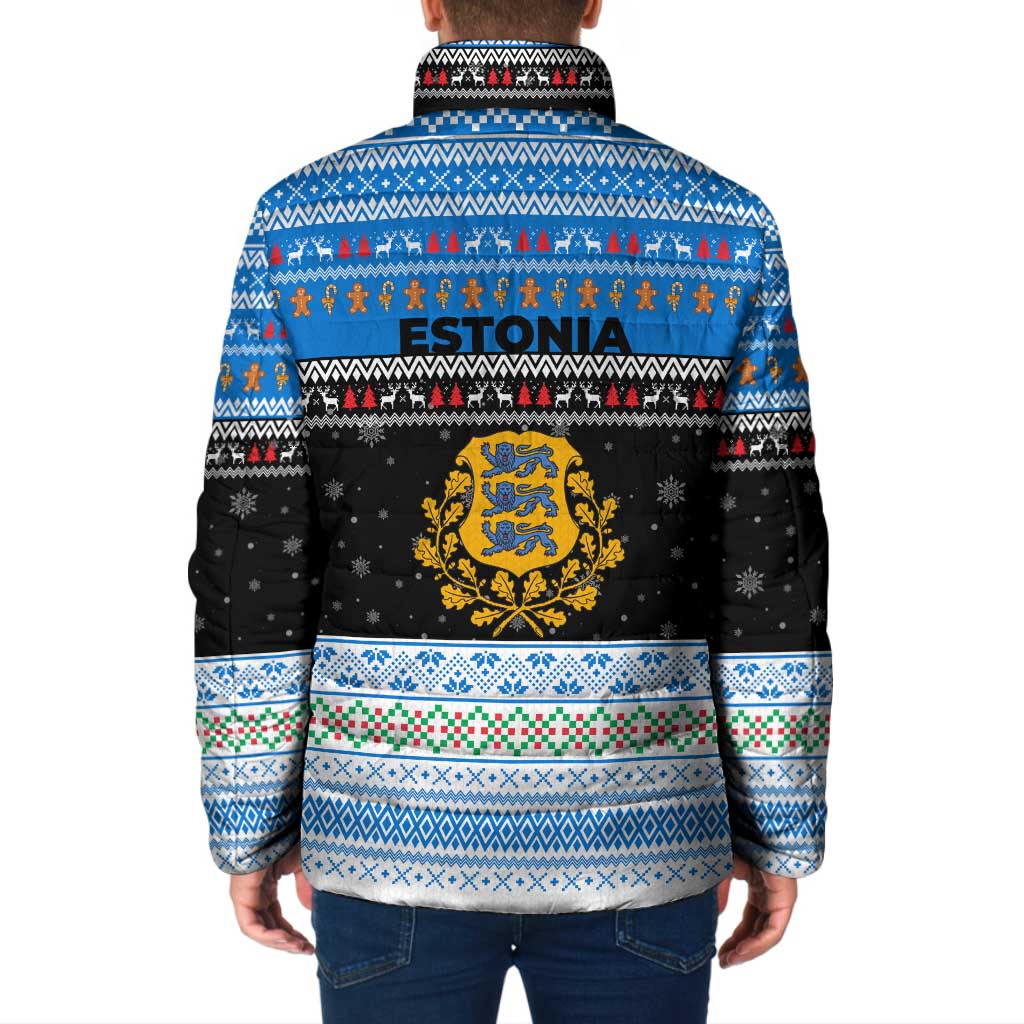 Estonia Christmas Padded Jacket with Reindeer Gingerbread Snowflakes National Emblem and Winter Forest - Wonder Print Shop