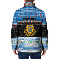 Estonia Christmas Padded Jacket with Reindeer Gingerbread Snowflakes National Emblem and Winter Forest - Wonder Print Shop