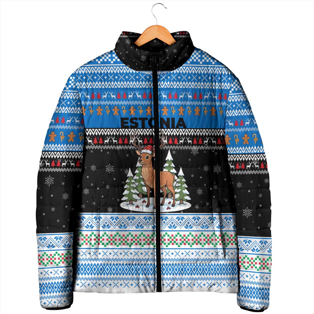 Estonia Christmas Padded Jacket with Reindeer Gingerbread Snowflakes National Emblem and Winter Forest - Wonder Print Shop