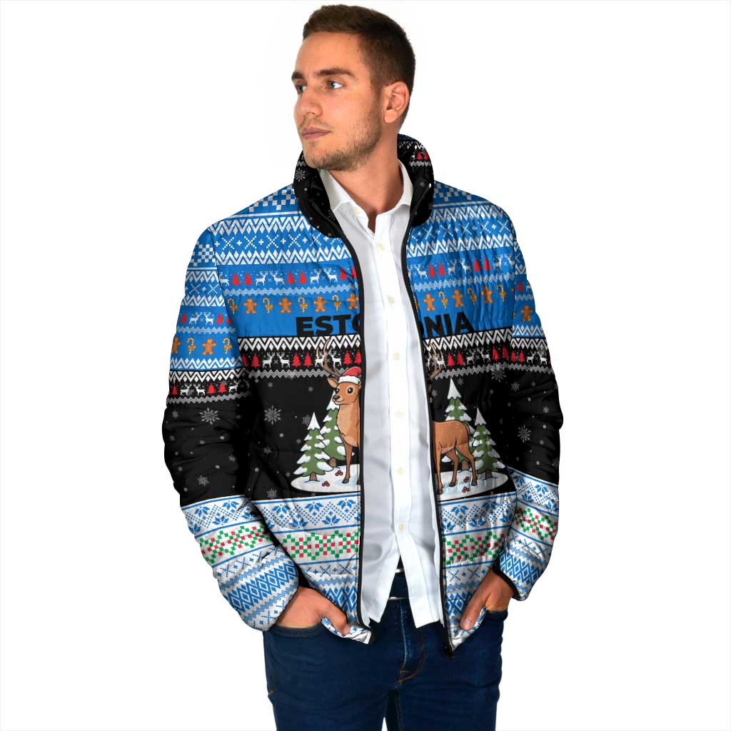 Estonia Christmas Padded Jacket with Reindeer Gingerbread Snowflakes National Emblem and Winter Forest - Wonder Print Shop