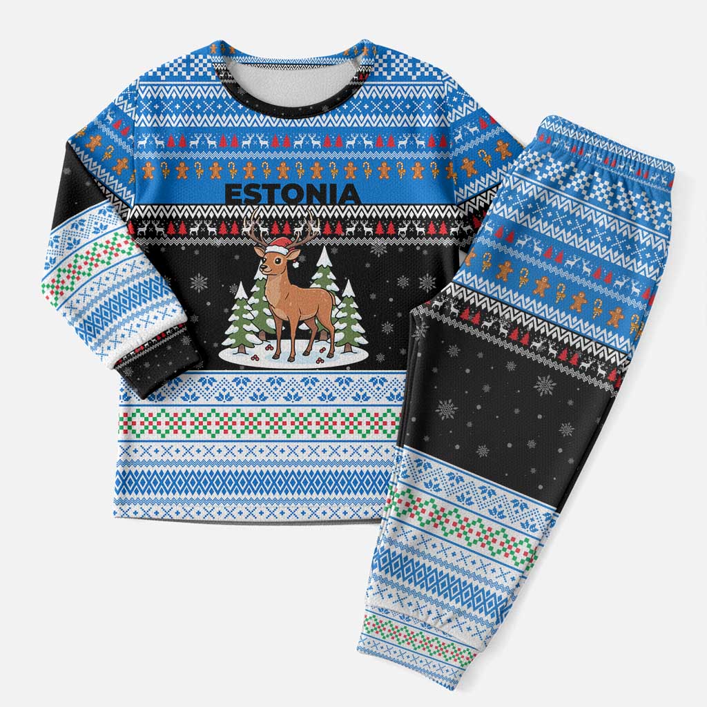 Estonia Christmas Pajama Set with Reindeer Gingerbread Snowflakes National Emblem and Winter Forest - Wonder Print Shop