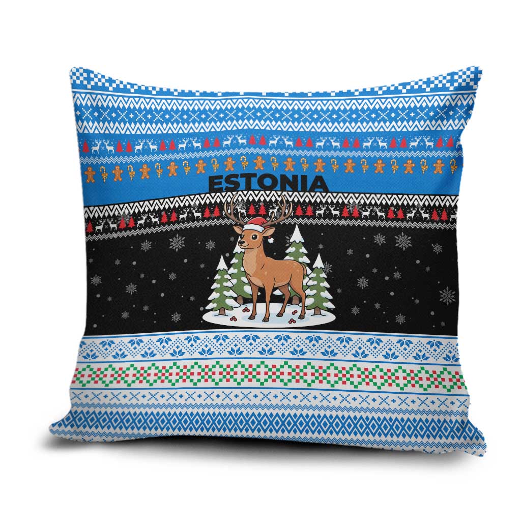 Estonia Christmas Pillow Cover with Reindeer Gingerbread Snowflakes National Emblem and Winter Forest - Wonder Print Shop