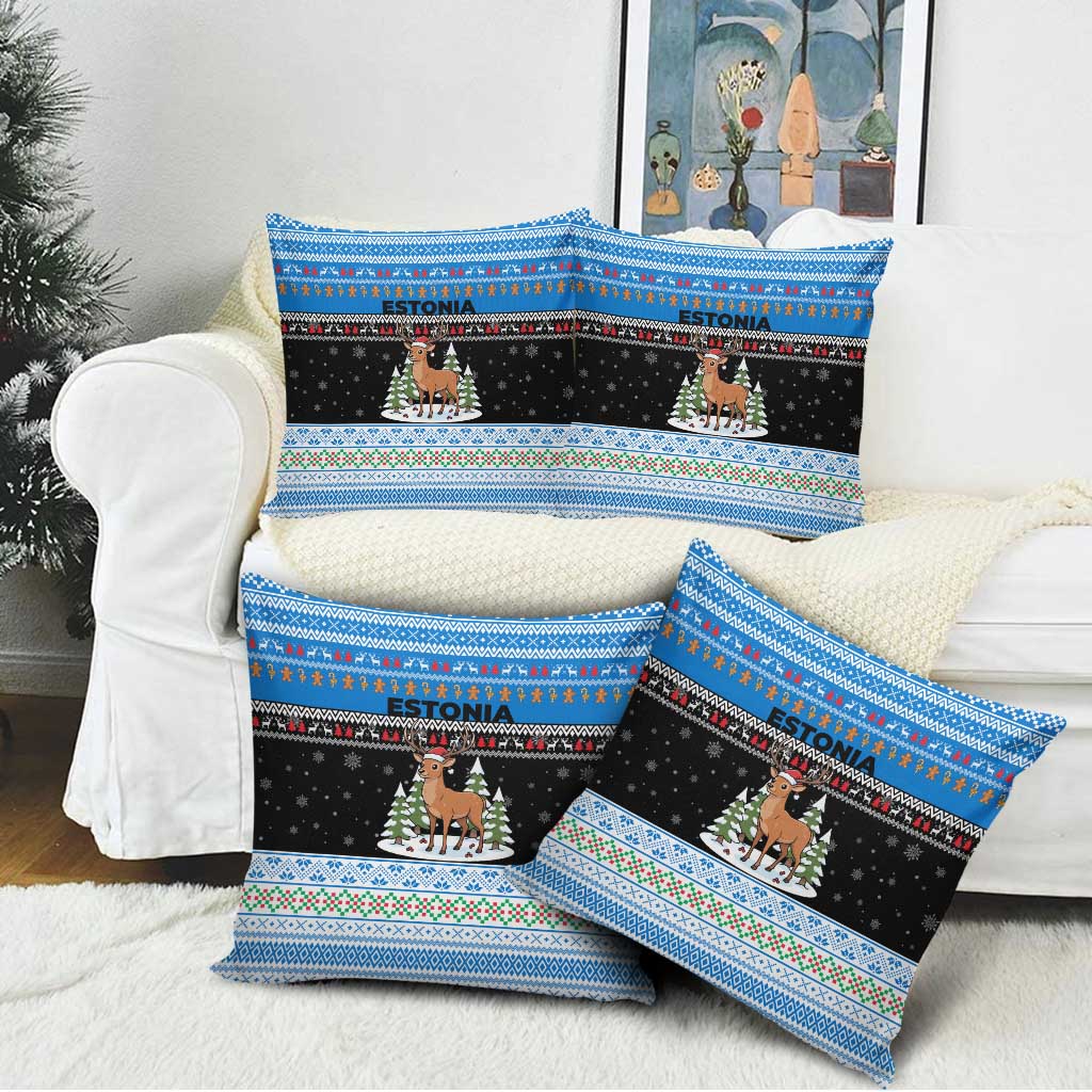 Estonia Christmas Pillow Cover with Reindeer Gingerbread Snowflakes National Emblem and Winter Forest - Wonder Print Shop