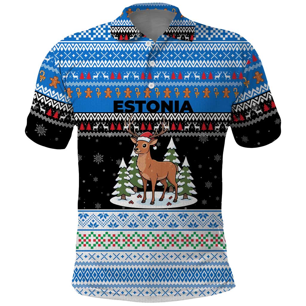 Estonia Christmas Polo Shirt with Reindeer Gingerbread Snowflakes National Emblem and Winter Forest - Wonder Print Shop