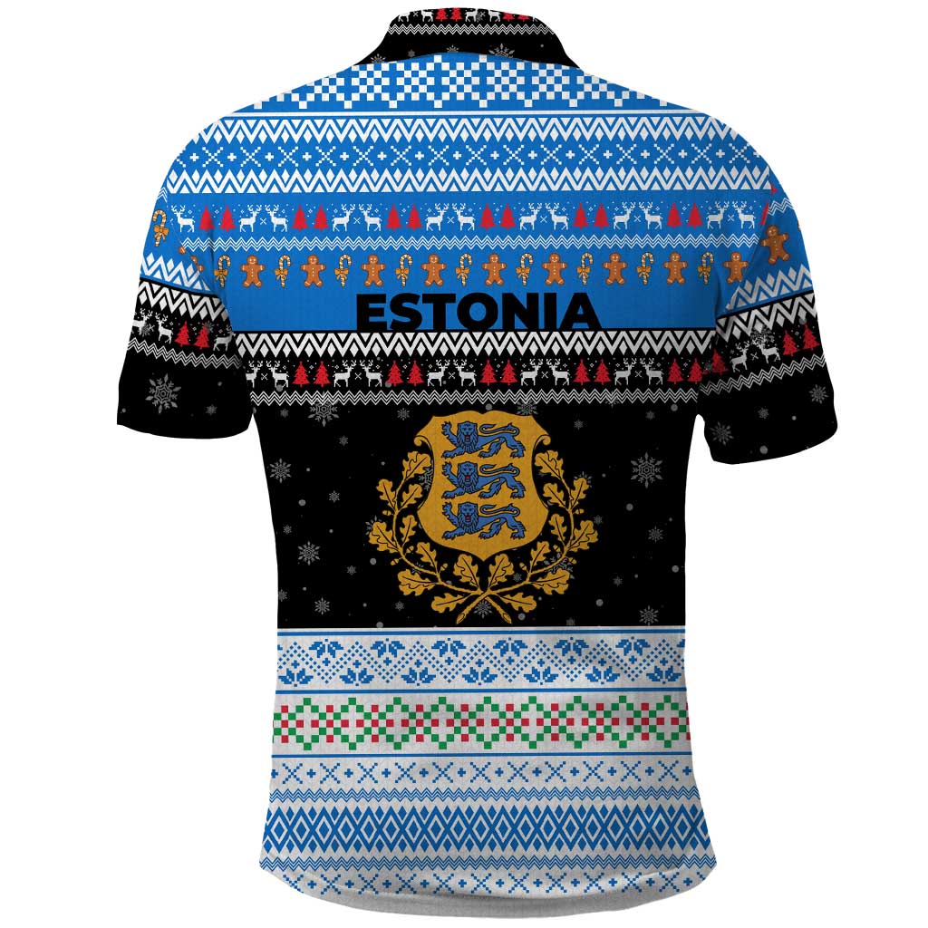 Estonia Christmas Polo Shirt with Reindeer Gingerbread Snowflakes National Emblem and Winter Forest - Wonder Print Shop