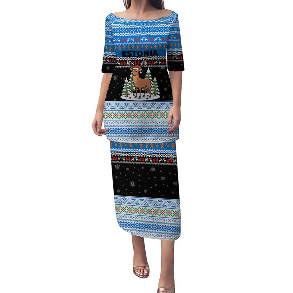 Estonia Christmas Puletasi with Reindeer Gingerbread Snowflakes National Emblem and Winter Forest - Wonder Print Shop