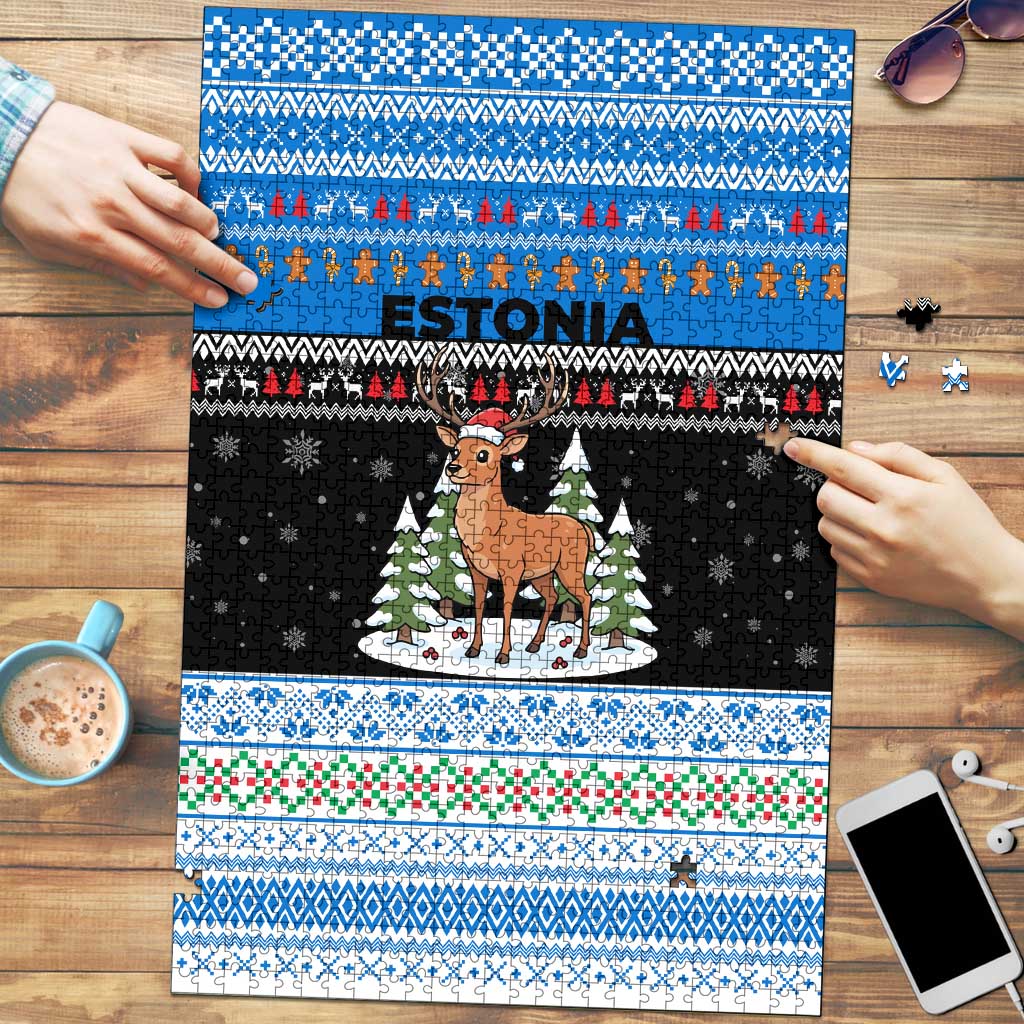 Estonia Christmas Puzzle with Reindeer Gingerbread Snowflakes National Emblem and Winter Forest - Wonder Print Shop