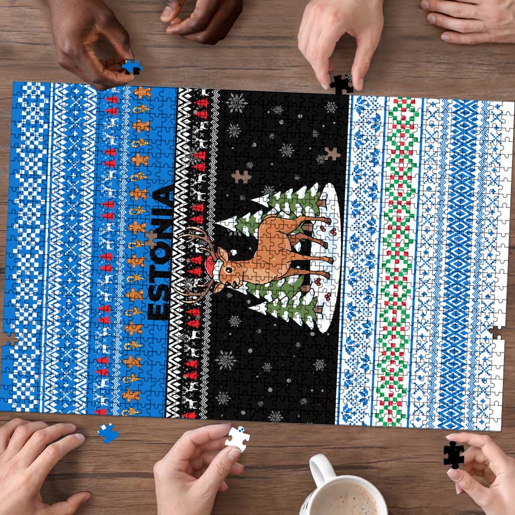 Estonia Christmas Puzzle with Reindeer Gingerbread Snowflakes National Emblem and Winter Forest - Wonder Print Shop