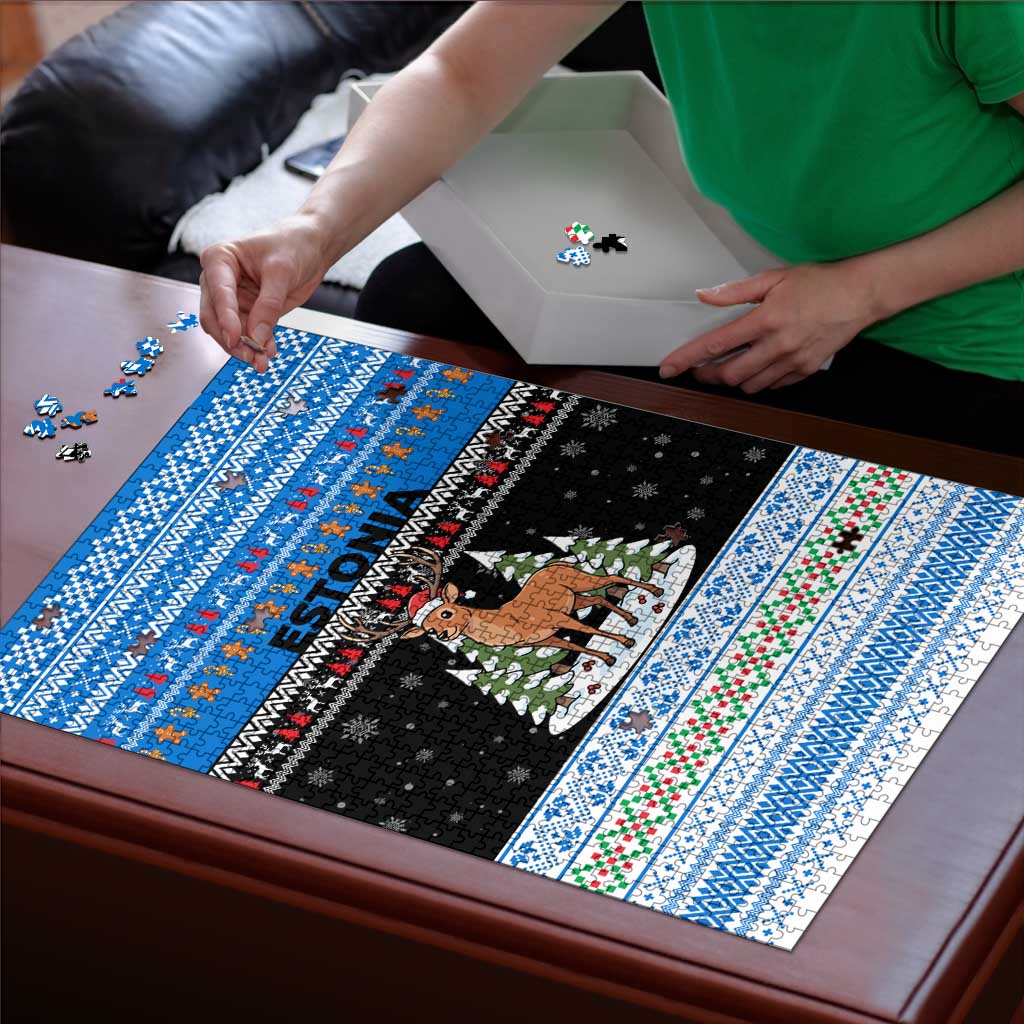 Estonia Christmas Puzzle with Reindeer Gingerbread Snowflakes National Emblem and Winter Forest - Wonder Print Shop