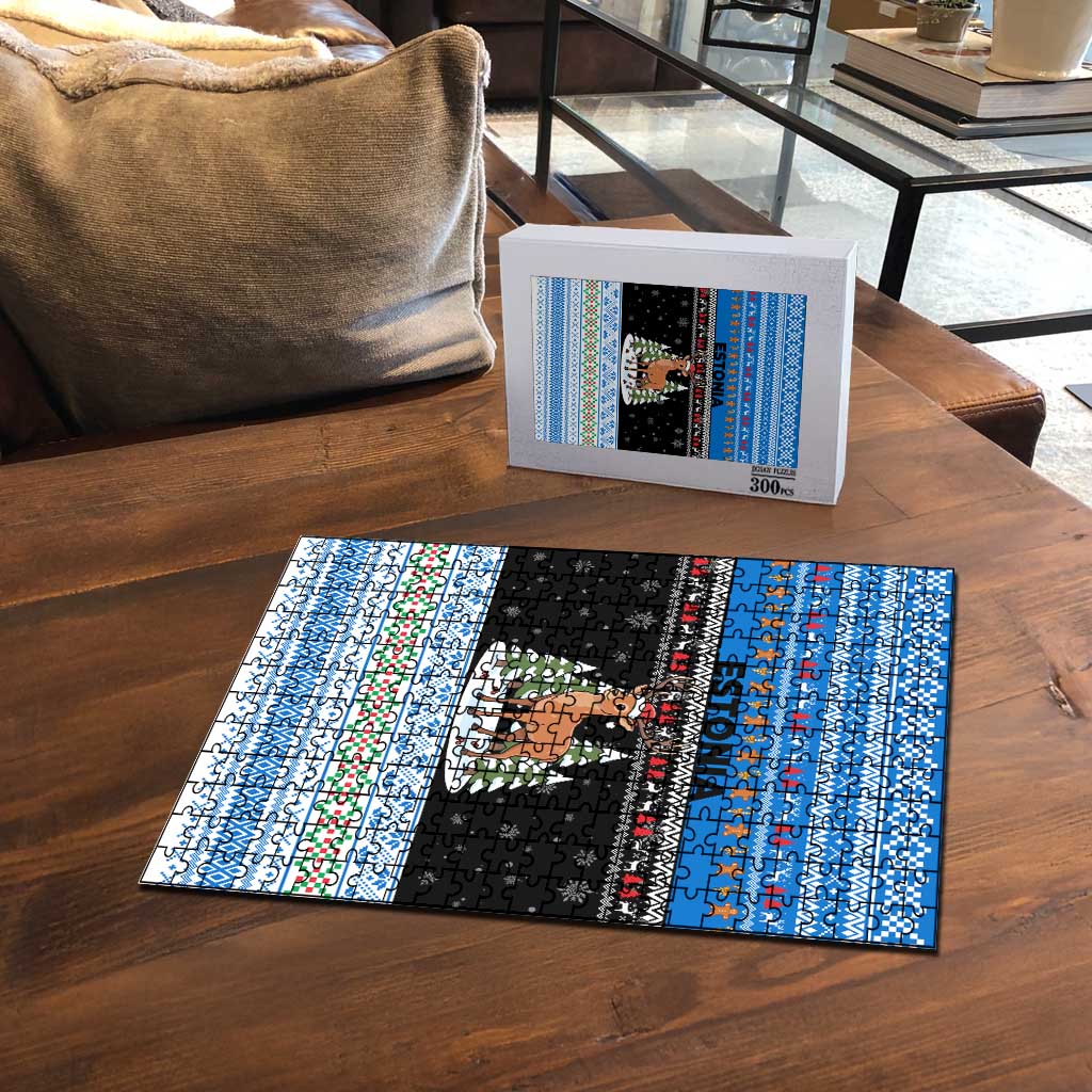 Estonia Christmas Puzzle with Reindeer Gingerbread Snowflakes National Emblem and Winter Forest - Wonder Print Shop