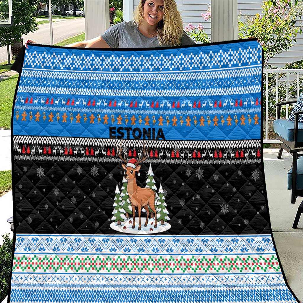 Estonia Christmas Quilt with Reindeer Gingerbread Snowflakes National Emblem and Winter Forest - Wonder Print Shop