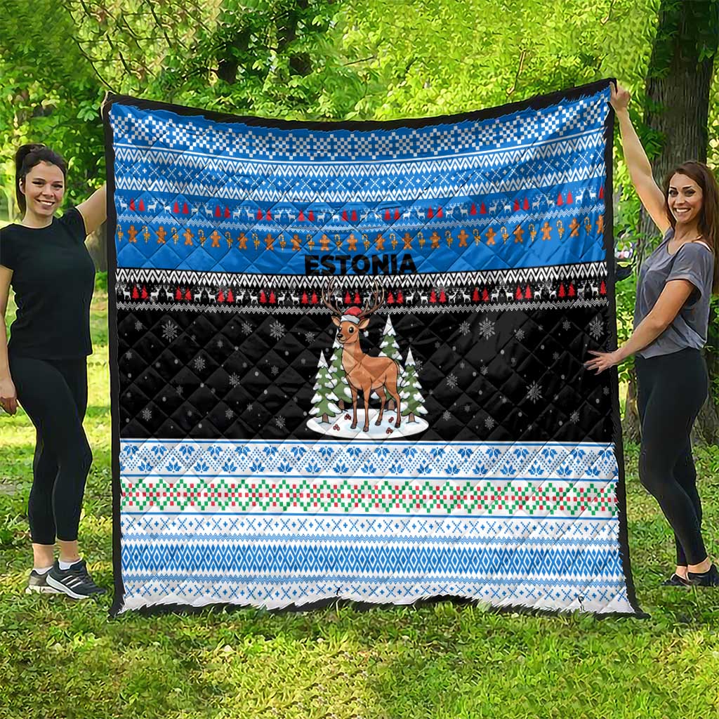 Estonia Christmas Quilt with Reindeer Gingerbread Snowflakes National Emblem and Winter Forest - Wonder Print Shop