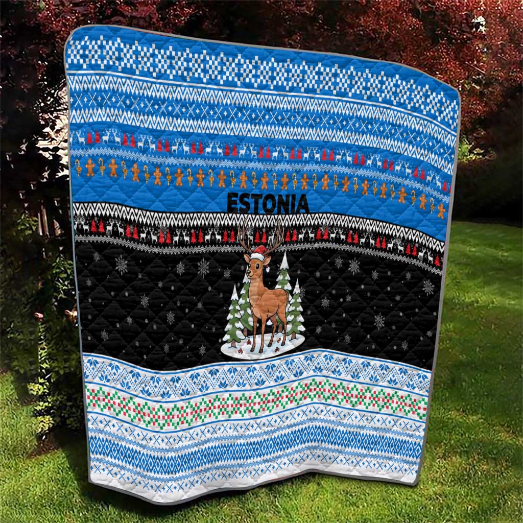 Estonia Christmas Quilt with Reindeer Gingerbread Snowflakes National Emblem and Winter Forest - Wonder Print Shop